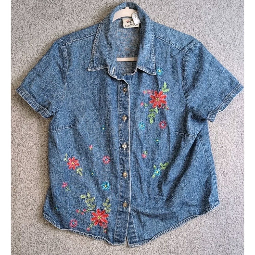 Studio Ease Shirt Blouse Womens Small 14 Blue Petite Denim Button Up Embroidered